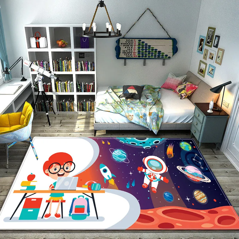 Cartoon Astronaut Carpet Outer Space Universe Planet Area Rug for Kids Boy Playroom Classroom Living Room Decor Non-slip Doormat