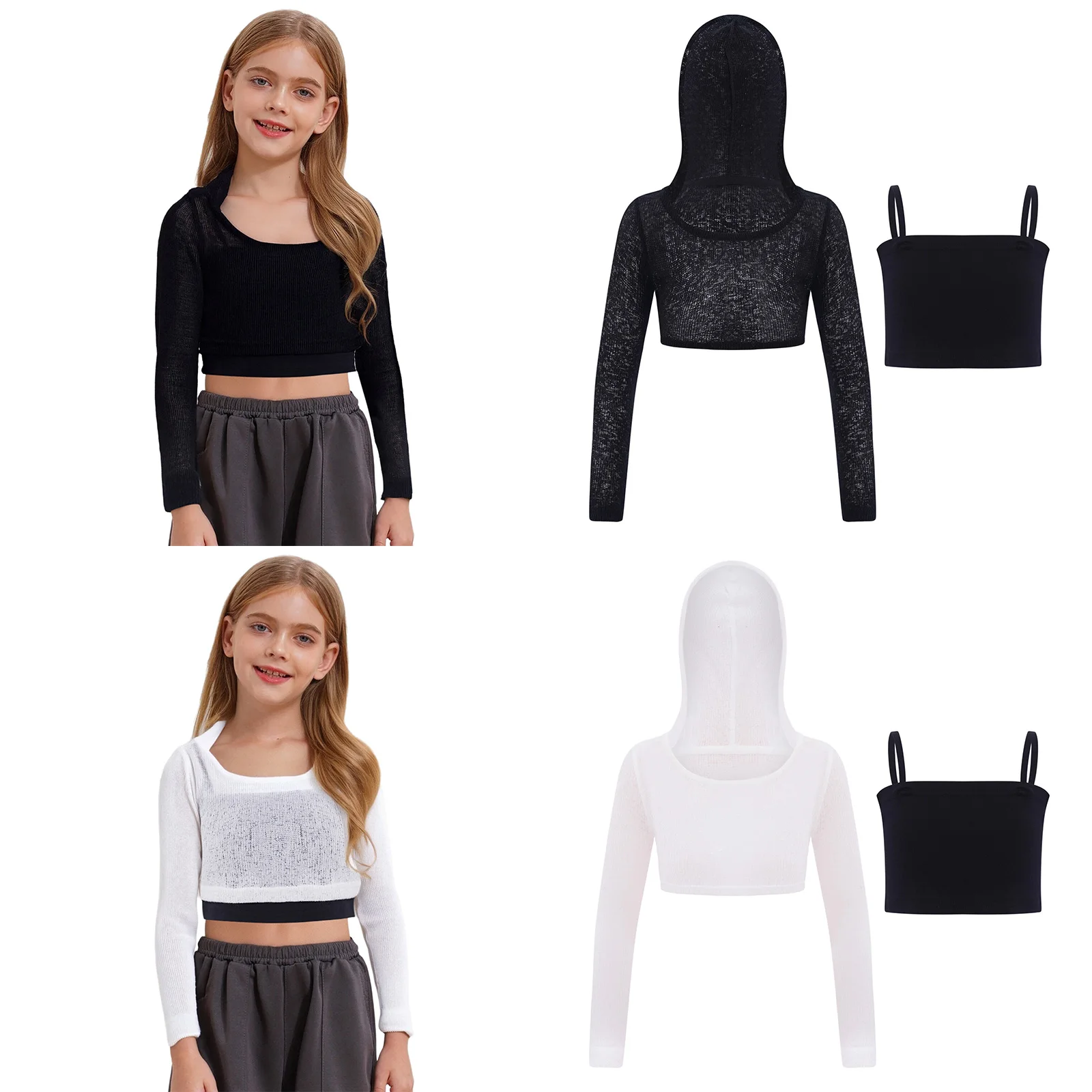

Child Girls Breathable Hip Hop Jazz Dance Costume Long Sleeve See-Through Hooded Crop Top+Spaghetti Straps Camisole Street Wear