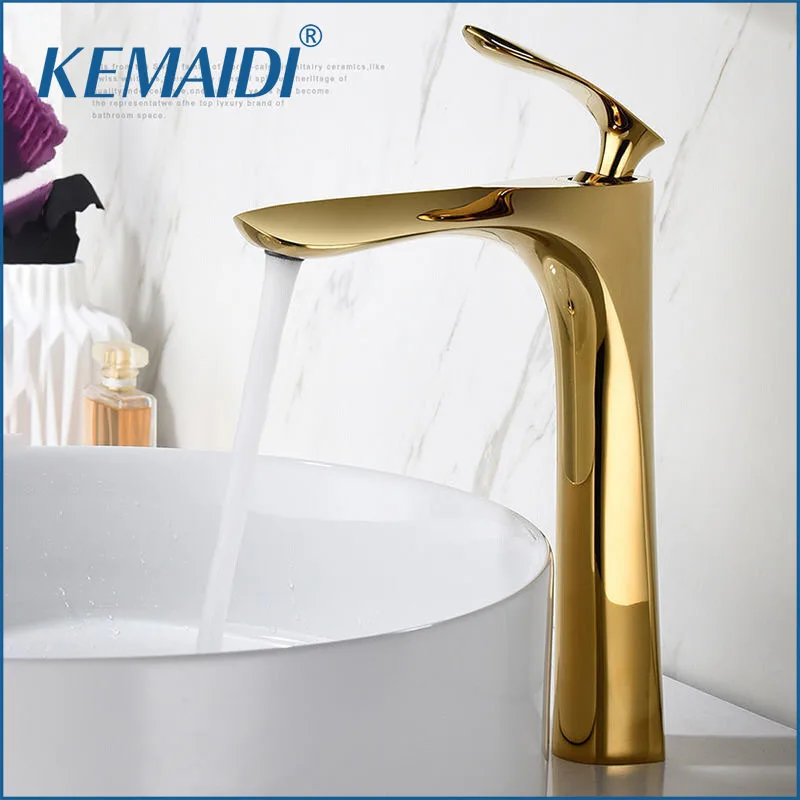 

KEMAIDI Gold Bathroom Basin Sink Faucet Brass Single Handle Faucets Tap for Sink Deck Mounted Mixer Hot Cold Water Mixer Taps