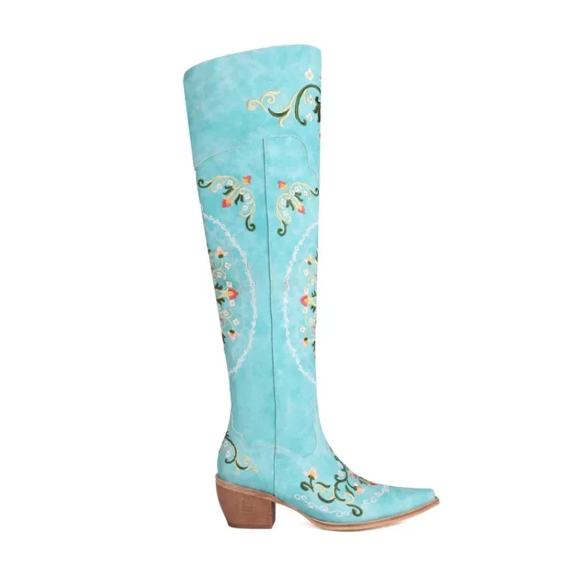 Embroidered Colorful Flower Blue Over The Knee Boots Women's Autumn Winter Embroider Sexy 6cm High Heel Long Boots Size 34-43