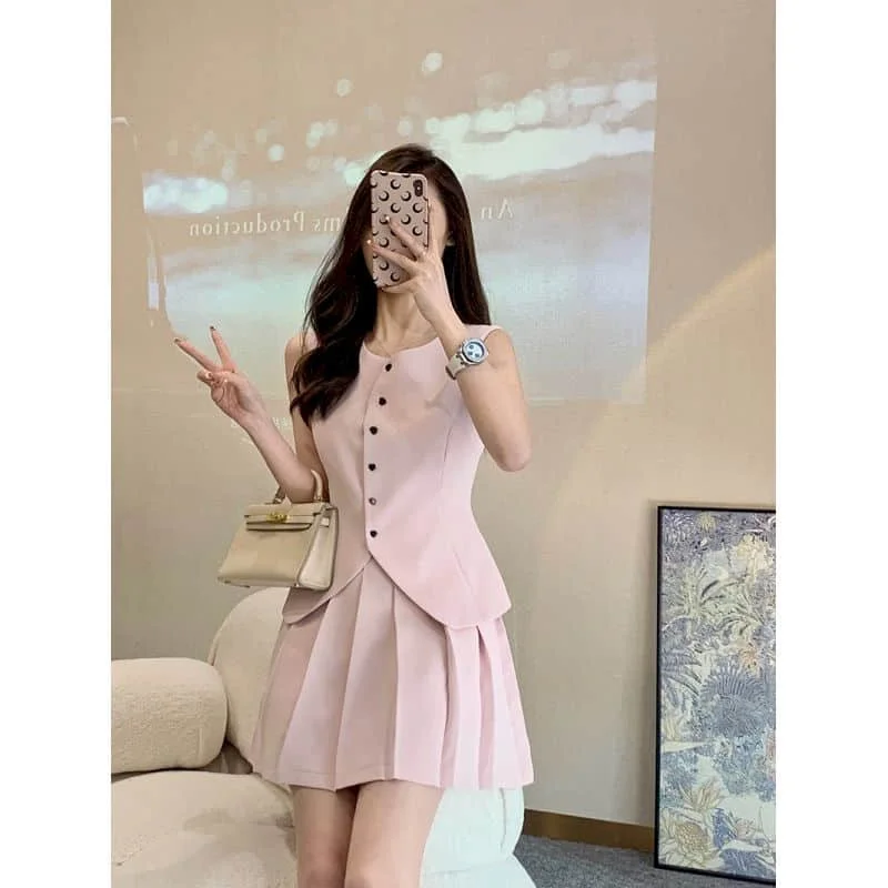 Two Piece Sets Women Outfits Casual Korean Fashion Dress Sets Summer Preppy Style Loose Sleeveless Vest Blazer Pleated Skirts