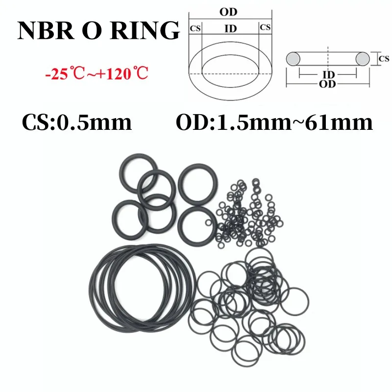 50ks černá O prsten gaskets CS 0.5mm OD 1.7 ~ 61mm NBR auto nitril guma kolo O typ koroze mazat odolné pečeť podnos