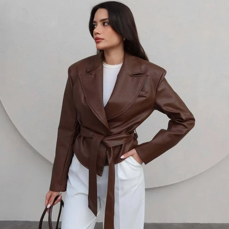 เสื้อแจ็คเก็ตหนังผู้หญิงสไตล์วินเทจ Talenza พร้อมเข็มขัด ดีไซน์ผูกเชือก ปกเสื้อแบบลาペル แขนยาว ทรงสั้น รุ่นปี 2025 เสื้อคลุมสำหรับผู้หญิง สไตล์ Y2k แฟชั่นแนวสตรีท