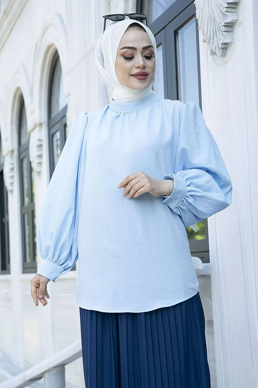 Bubble Sleeve Blouse-Ice Blue