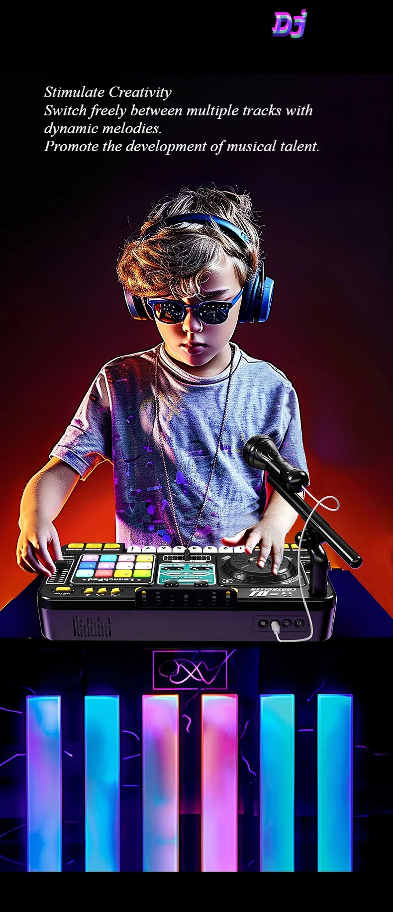 Giradischi DJ per bambini Stabile senza fili con microfono Mixer musicale DJ leggero Giocattoli educativi multifunzionali per bambini