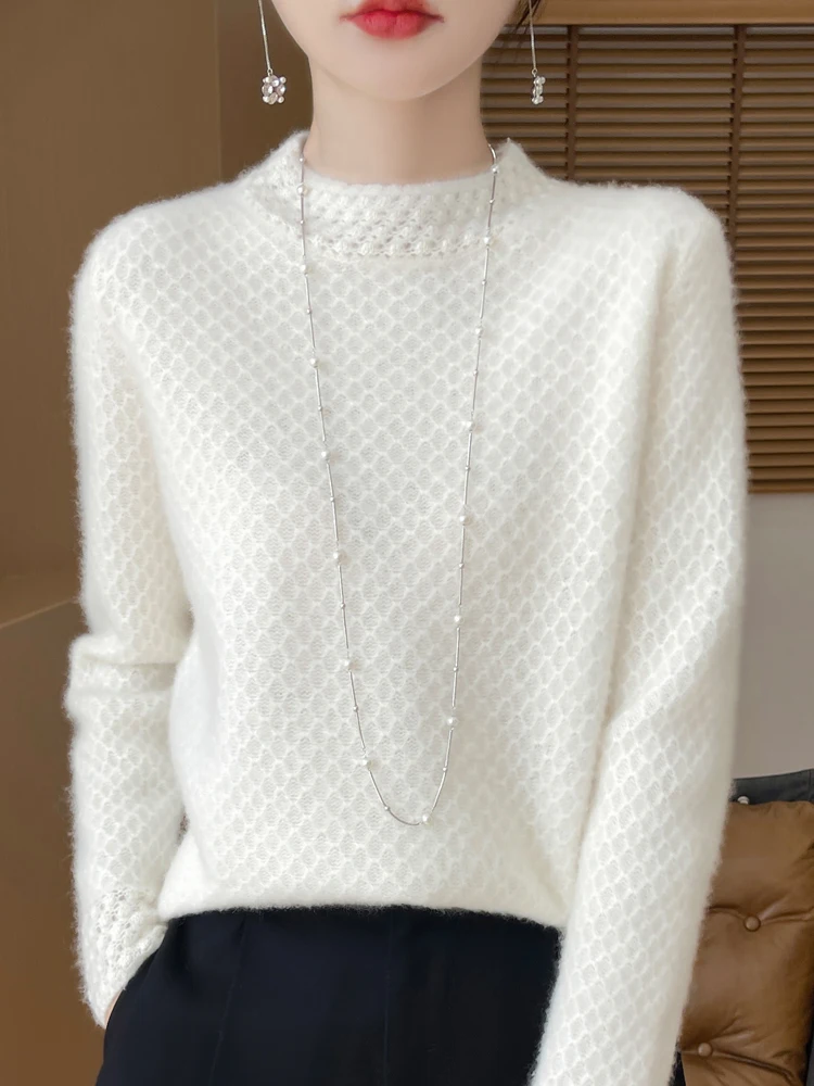 Women's Wool Sweater Pullover Half- High Neck Casual Knit Tops Autumn Winter Thick Jacket Warm Honeycomb Pattern Pullover Top