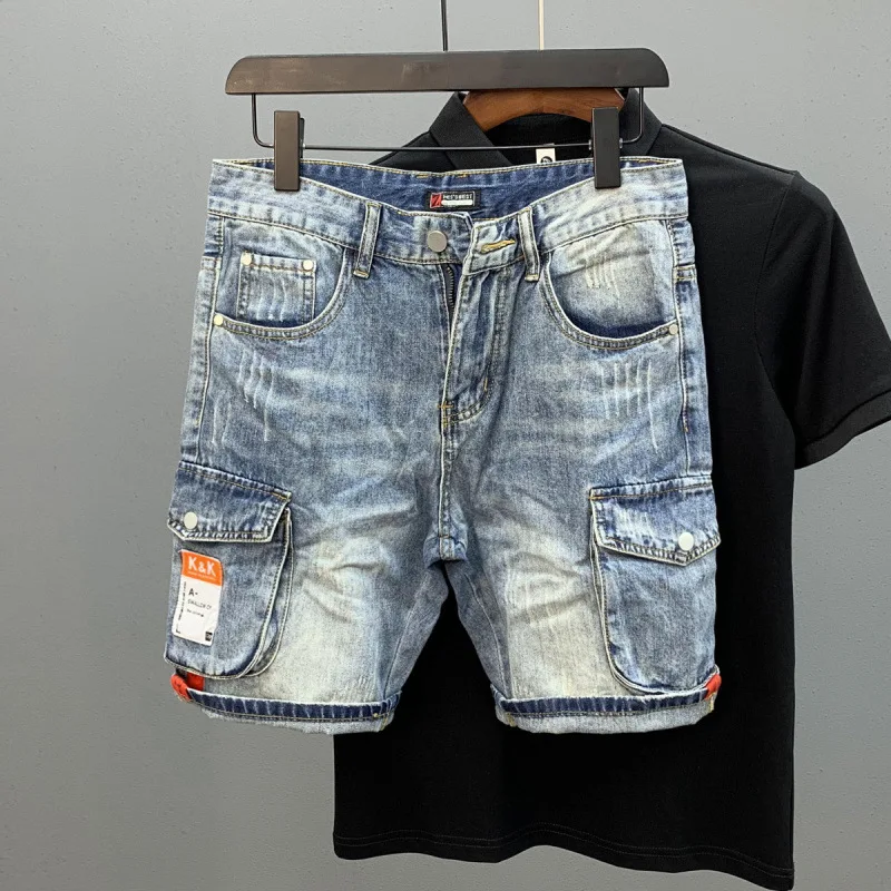 

Summer Men's Multi Pocket Slim Fit Denim Shorts New Fashion Design Five Quarter Slim Straight Shorts Jeans