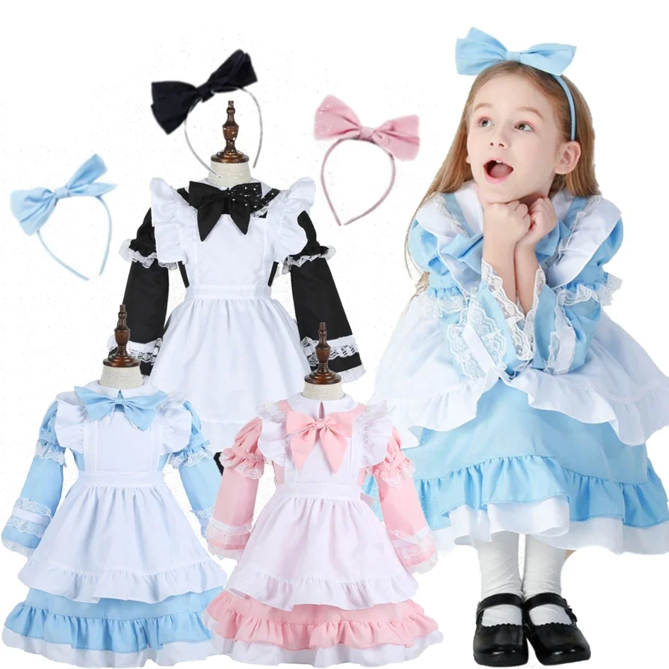 

Girls Japanese Lolita Pink Blue Black Maid Long Sleeve Dress Girls Halloween Alice Maid Dress Up Lace Dress with Headband PS66