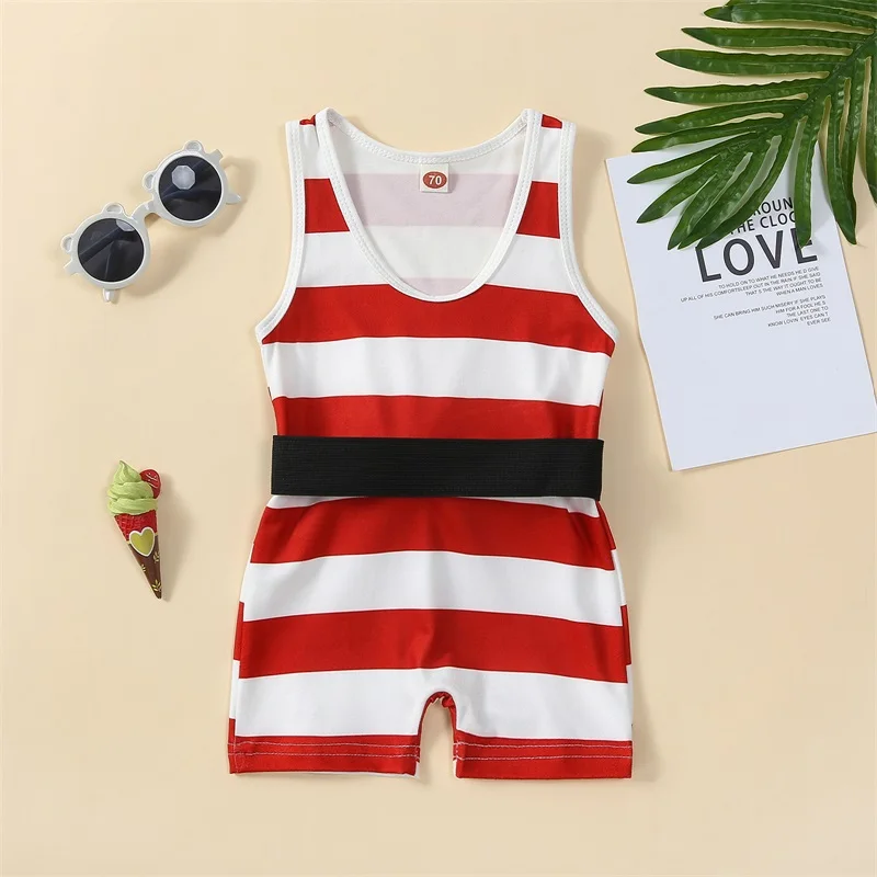 

New Baby Sleeveless Romper Striped Print Summer Shorts Jumpsuit With Belt For Newborn Infant Girls Cute Clothes 0-24 Months