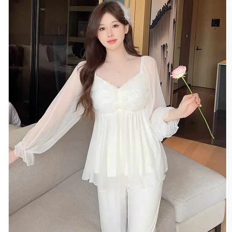 Pajamas with Breast Pads Female Spring Autumn Mesh Long Sleeve Pants  Internet Celebrities Are Sweet Cute Sex Appeal Loungewear