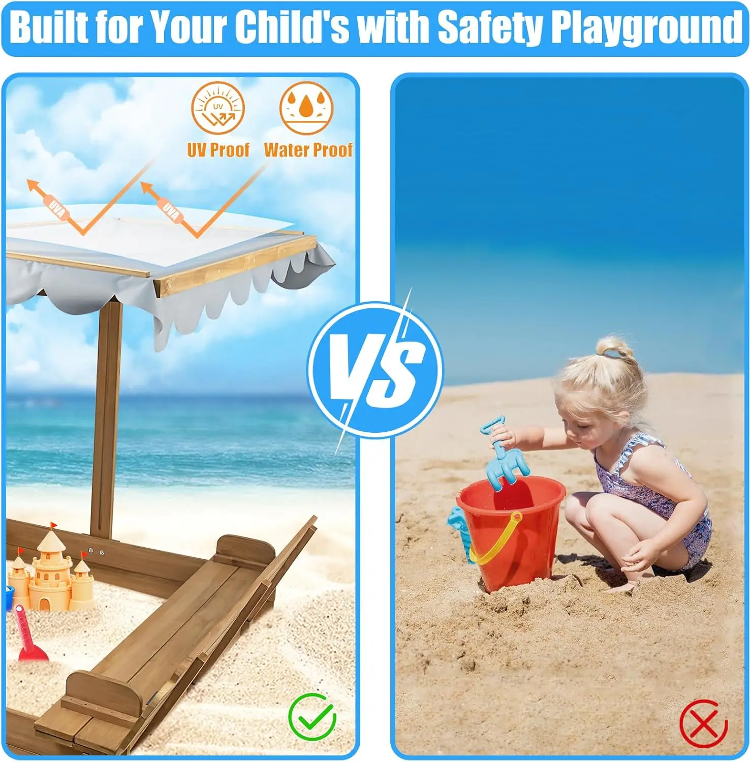 Cajas de arena con tapa para niños, caja de arena con cubierta, cajas de arena de madera para niños con dosel para exteriores para 3-8 años, con Cano de altura ajustable
