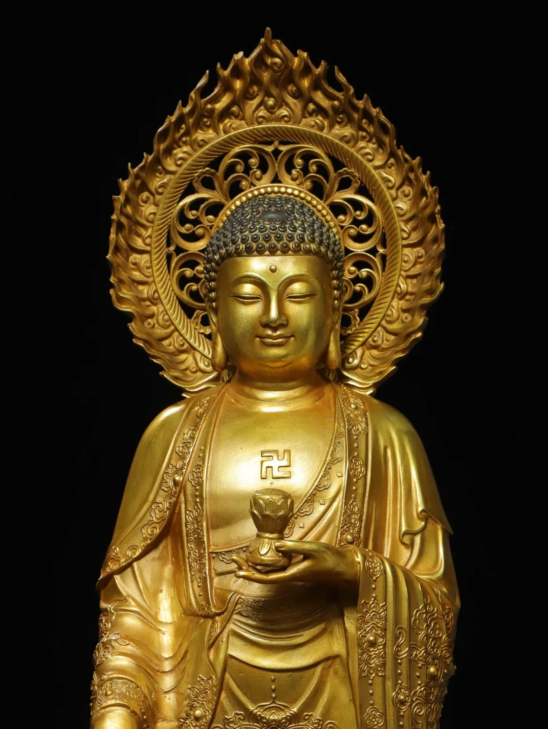 

22-дюймовый старый бронзовый высокий рельефный позолоченный Будда Париняна Амитабха Лотос Терраса Зал поклонения Городской дом