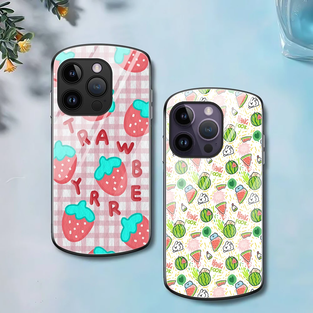 

Oval Tempered Glass Phone Case for iPhone 15 11 13 12 Pro Max XR XS Max 7 8 Plus SE Cover for iPhone 14 Cute Strawberry Fundas