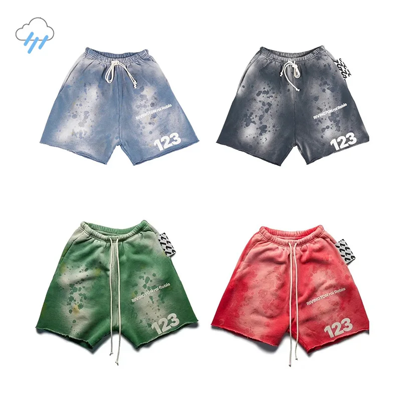 24SS Hip Hop Damaged RRR123 Shorts Men Women Best Quality Jogger Drawstring Vintage Washed Red Green Blue Gray Breeches With Tag