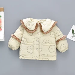 Autumn and Winter New Girls' Folded Edge Large Turnover Collar Cotton Coat for Children's Flower Yarn Plush Cotton Clothes