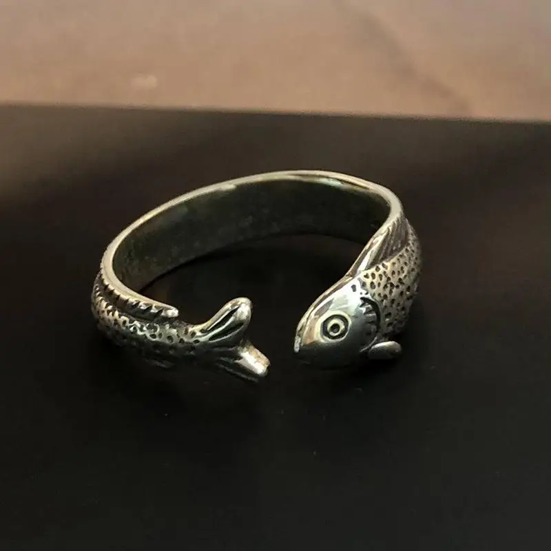 Niche Simple Fish Shaped Ring Distressed Gold Vintage Adjustable Ring Silver Alloy Retro Open Ring Unisex