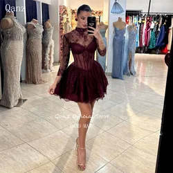 Qanz Burgundy Prom Dresses Women Lace Appliques Illusion Mini Robes De Cocktail Sleeveless Short Birthday Dresses Customized