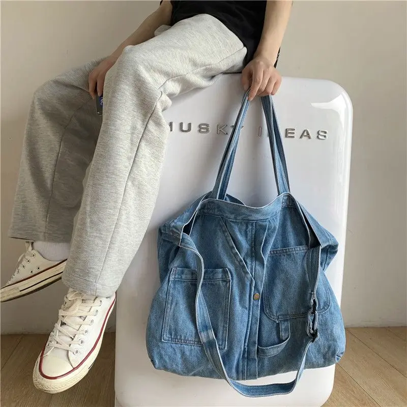 Denim Tote Bags for Women and Man Large Capacity Design Handbag Unisex Casual Blue Shoulder Shopping Pack Jeans Japan Style Y2K