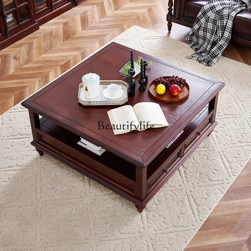 

American retro pure solid wood square coffee table villa living room home