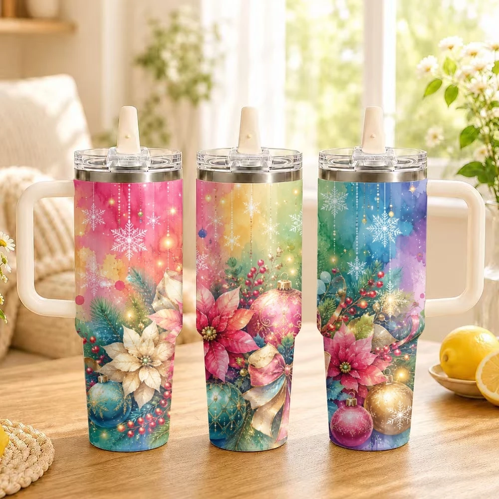 Christmas Tree Snowflake Vacuum Flasks 40oz Stainless Steel Insulated Tumbler Leakproof Vacuum Travel Mug Portable Coffee Cup