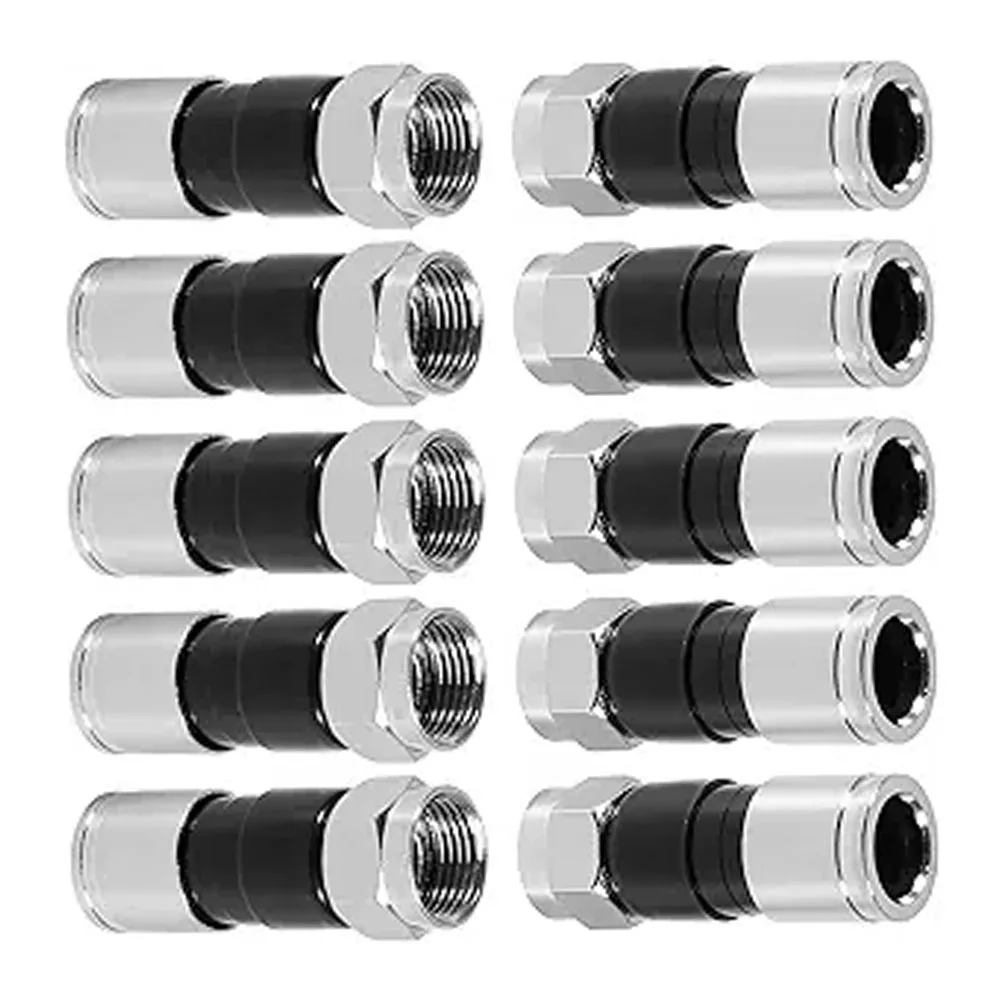 10 PCS RG6 F-Type Coaxial Compression Connectors - Waterproof Straight Antenna Cable Adapters for Satellite & Cable TV (Black)