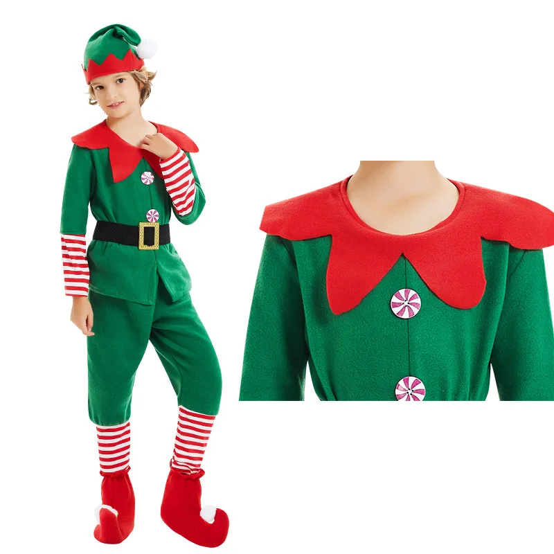 Green Elf Boys Girls Christmas Cosplay Costume Festival Santa Clause Set for Kids New Year Tops Pants Hat Belt Xmas Party Dress