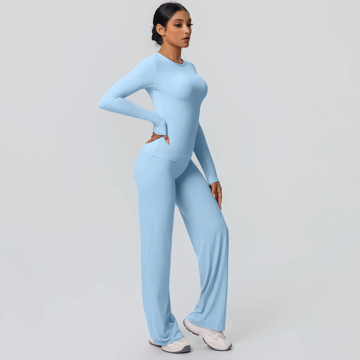 2 stück Frauen Gym Yoga Set Lauf Shirts Schlank Lange Ärmel Workout Top Schnell Trocknend Hohe Stretch Breite Bein Hosen dünne Yoga Set – Detail 34