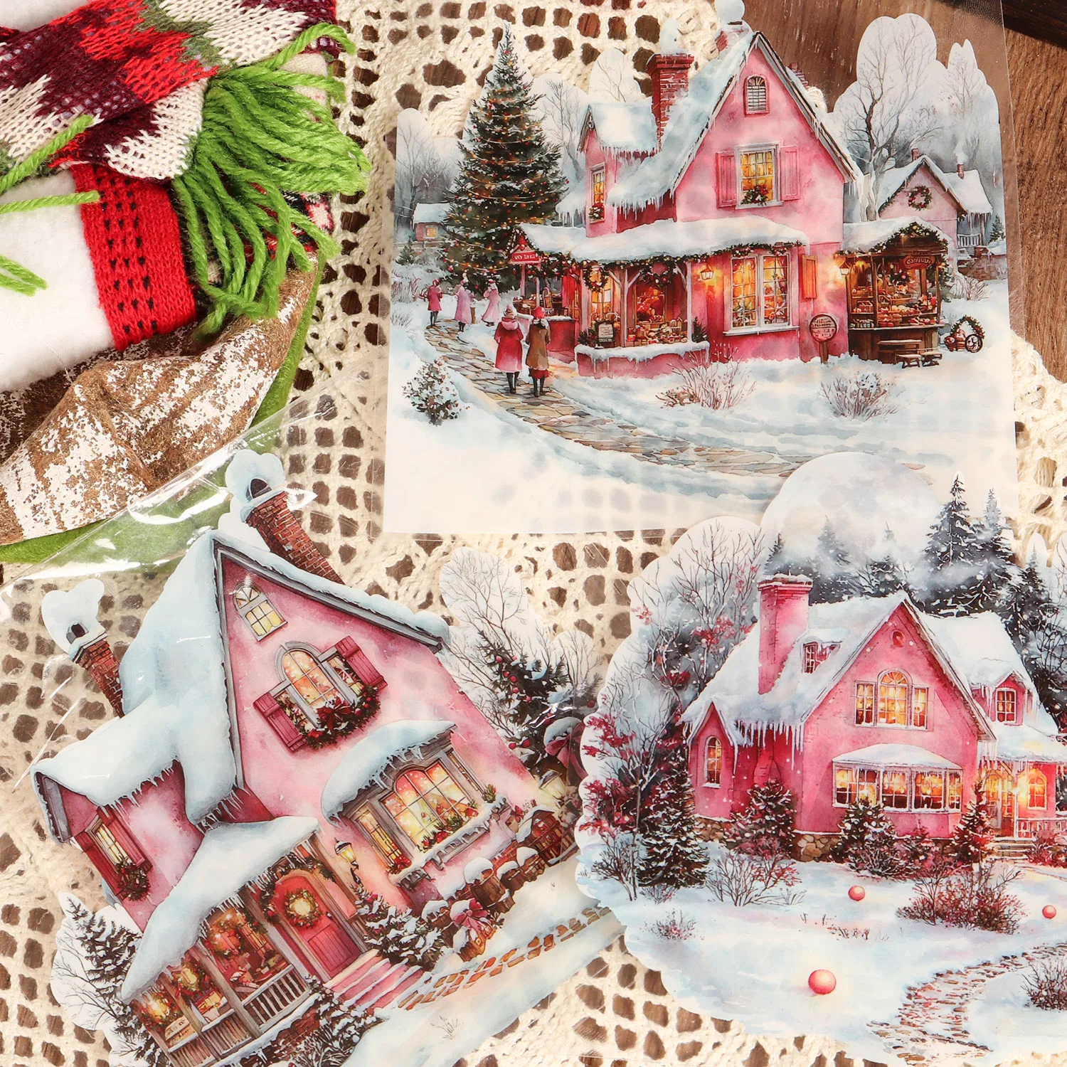 12 Blatt PET-Aquarell-Rosa-Weihnachtshütte, große selbstklebende Aufkleber, für Scrapbooking-Zubehör, Hintergrundaufkleber – Detail 3