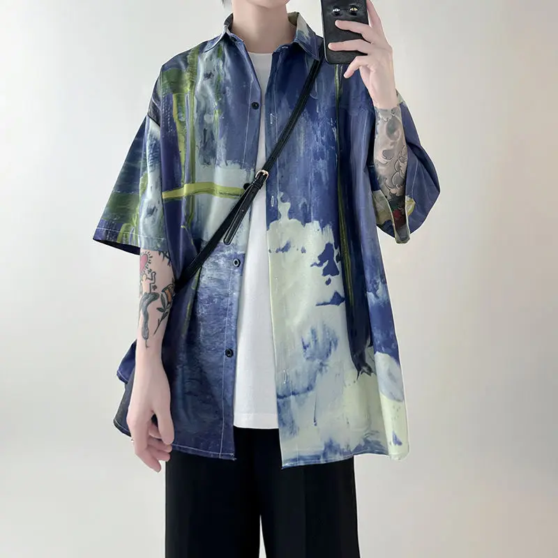 

Summer New Male Polo-neck Loose Casual Tie Dye Oil Painting Blouse Men Buttons Trend Fashion All-match Cardigan Blouse Top Homme