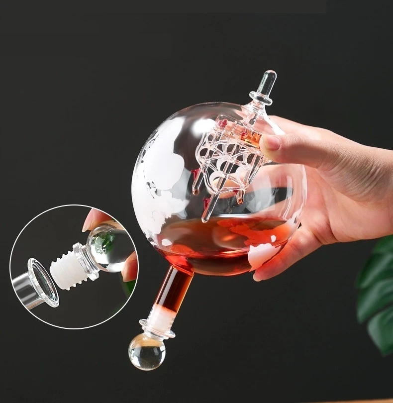 Creative Borosilicate Globe Model Wine Flagon Decorative Sphere Map Pattern Whiskey Glass Sailing Boat Brandy Drinkware Ornament