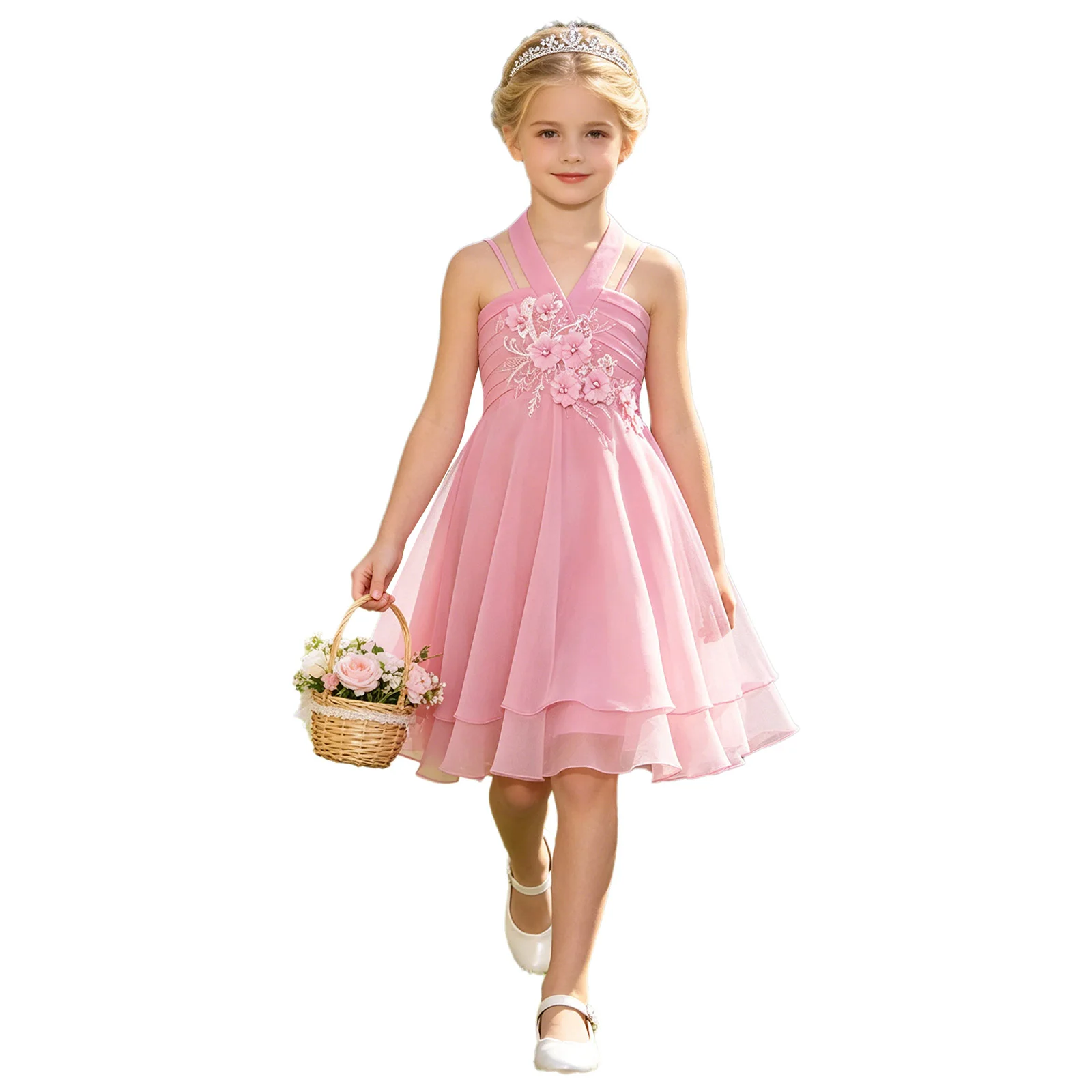 Kids Wedding Flower Girls Dress Elegant Sweet Embroidery Applique Bodice Tiered Chiffon Party Gown Birthday Pageant Prom Costume