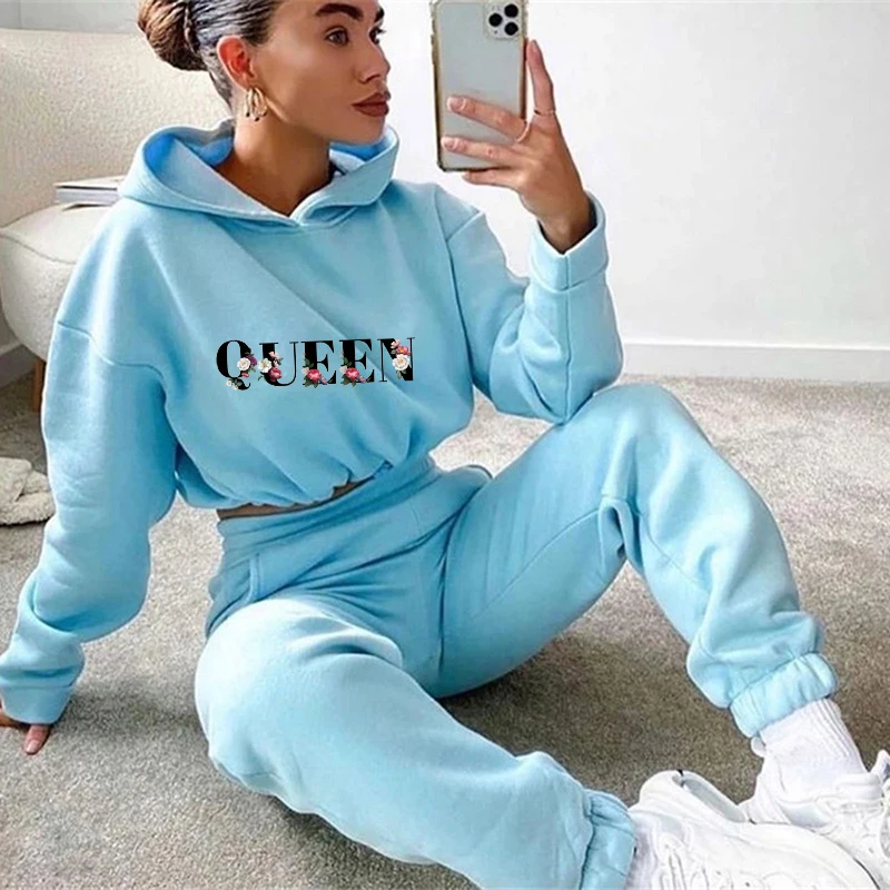 2024 Women 2 Pieces Suit Hooded Print Pullover Tracksuit Set Drawstring Short Sweatshirts Casual Sweatpants Sports Home Clothing