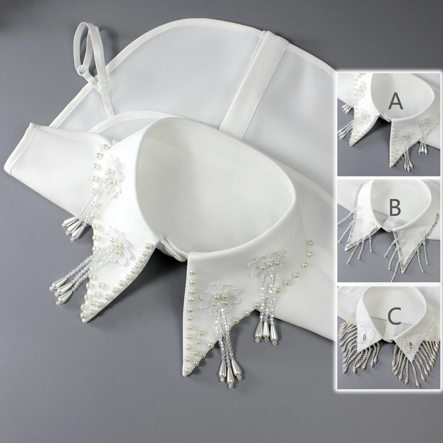 قطعة واحدة من نسخة فاخرة ذات ياقة كاذبة مطرزة يدويًا بالكامل، زخرفة ياقة نسائية مع زخرفة شرابة وفيونكة،