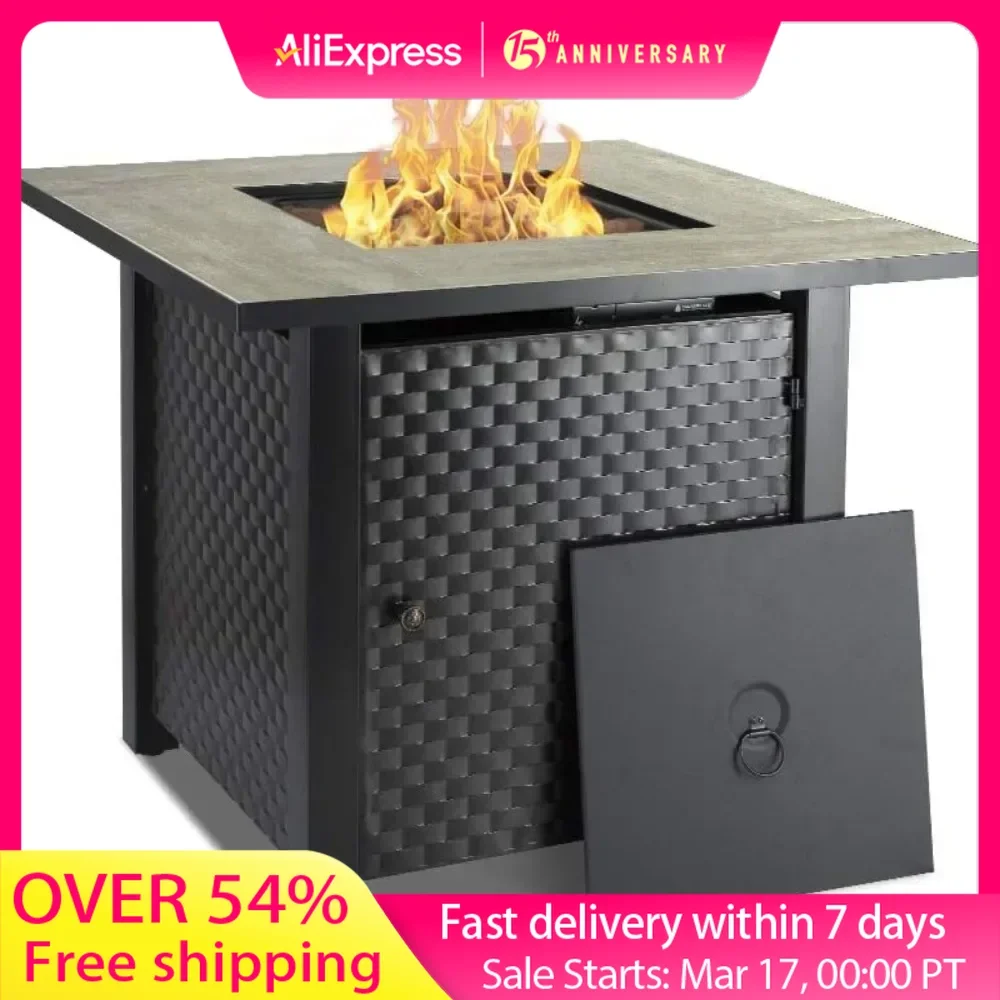 Propane Fire Pit Table, Outdoor Gas Fire Pit with Lid, Lava Rocks, Ceramic Tabletop, 50,000 BTU Adjustable Flame, Auto Ignition