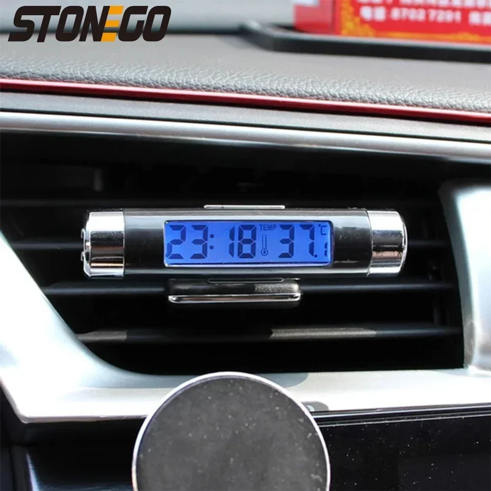 Car LCD Thermometer Digital Clock 2 in 1 Electronic Clock for Cars with Clip Auto Temperature Monitor
