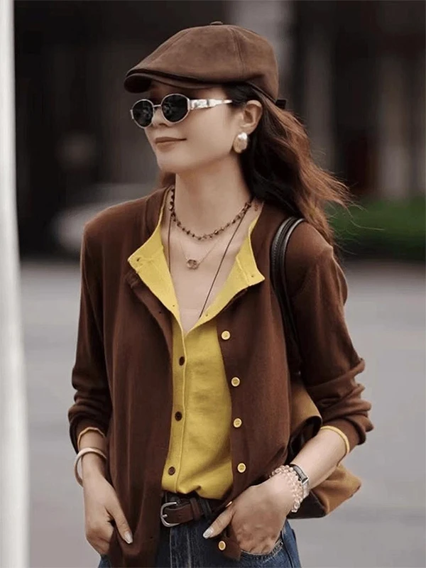 

Мягкий уютный вязаный топ с эффектом двухслойности для женщин, модный повседневный лонгслив с круглым вырезом и пуговицами