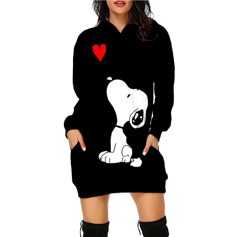 Autumn and Winter Women\'s Hoodie Dress Snoopy Printed Fashion Long Sleeve Hoodie Dress Casual Hoodie Women\'s Pullover Dress