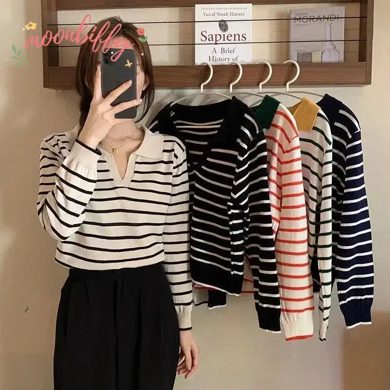 Striped V-neck Pullover Polo Sweater Women\'s Early Autumn Casual All-match Tops Long-sleeved Knitted Bottoming Sweaters Jumpers