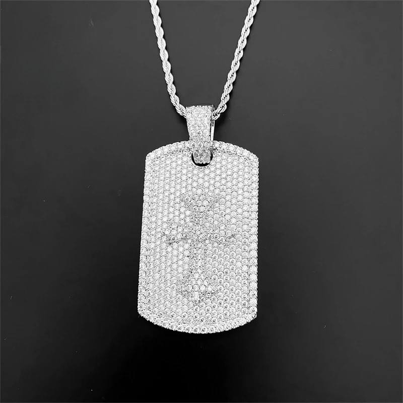 Hiphip Iced Bling Zircon Cross Dog Tag Pendant Necklace with Rope Stainless Steel Chain Fine Jewelry White Gold Plated Party