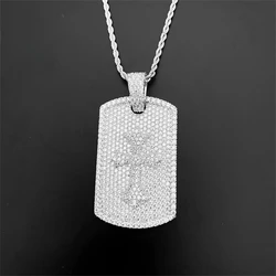 Hiphip Iced Bling Zircon Cross Dog Tag Pendant Necklace with Rope Stainless Steel Chain Fine Jewelry White Gold Plated Party