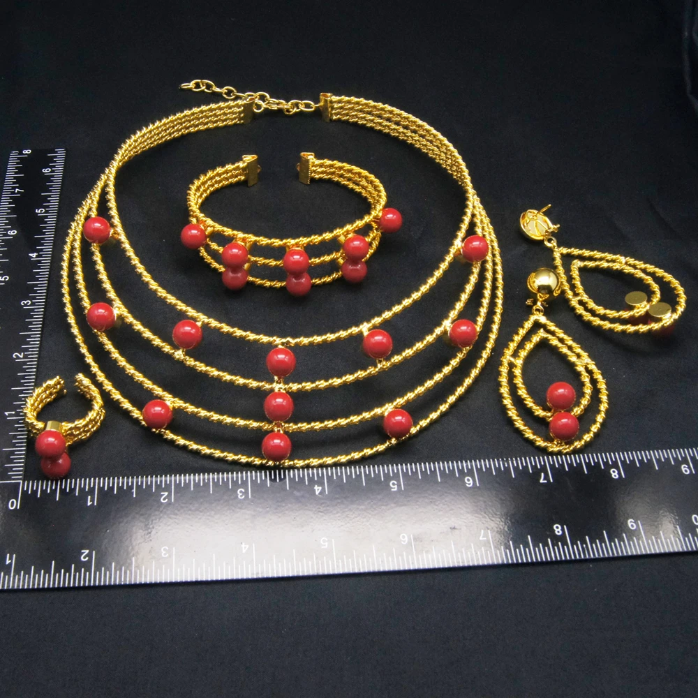 Yulaili Brazilian style gold-plated jewelry four sets of red pearl rich high-grade gorgeous send mother elders daily party wear