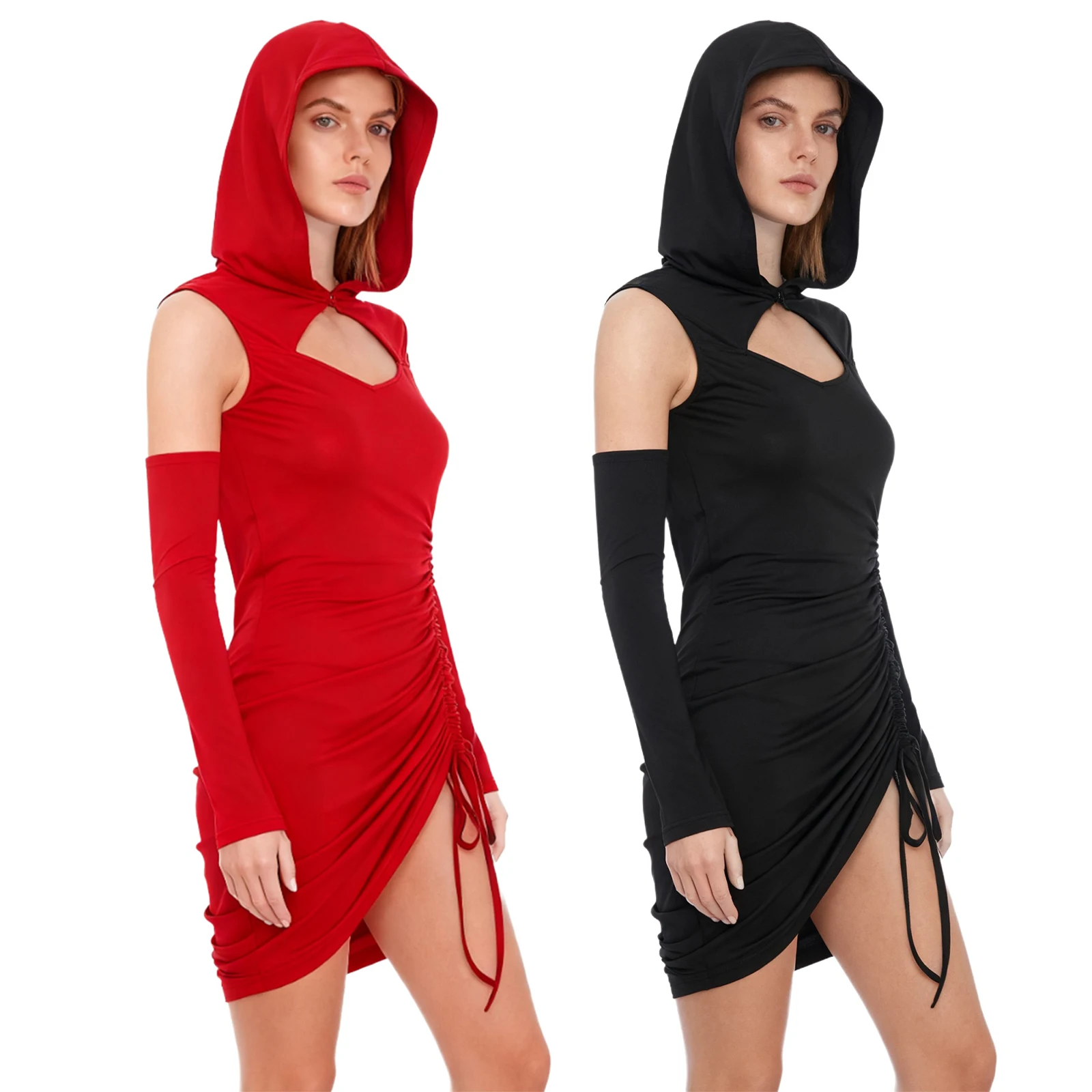 

New Womens Goth Dark Streetwear Gothic Hoodie Vintage Medieval Steampunk Costume Cyber Y2K Sleeveless Dress Oversleeves Set