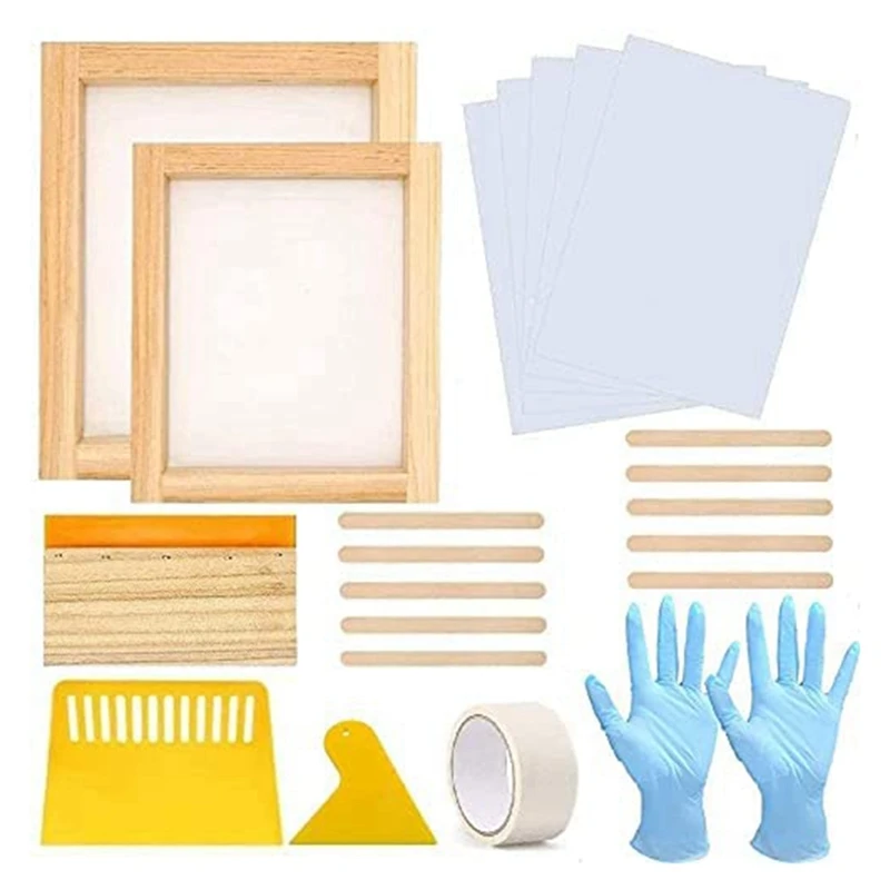 Screen Printing Starter Kit 22 Pcs, Wood Silk Screen Printing Frame With 110 Mesh Screen Printing Squeegees Gloves