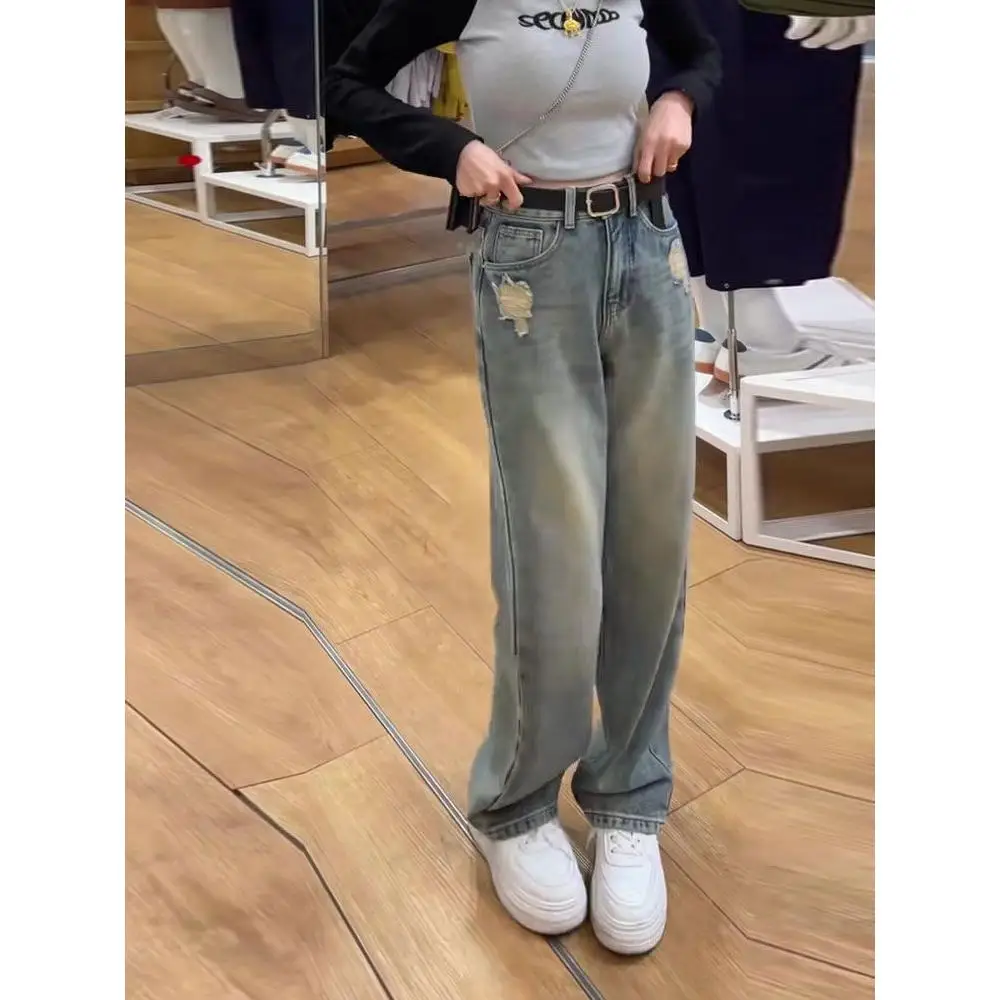 

Ретро джинсы прямого кроя для женщин: модные, свободные, с высокой талией, утягивающие, с широкими штанинами, длинные брюки, повседневные, синие, хлопковые, полупрозрачные