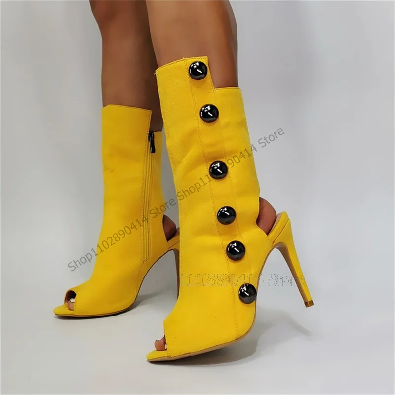 

Black Button Yellow Hollow Cut Heel Peep Toe Boots Side Zipper Women Shoes Thin High Heels Sexy Runway 2023 Zapatos Para Mujere