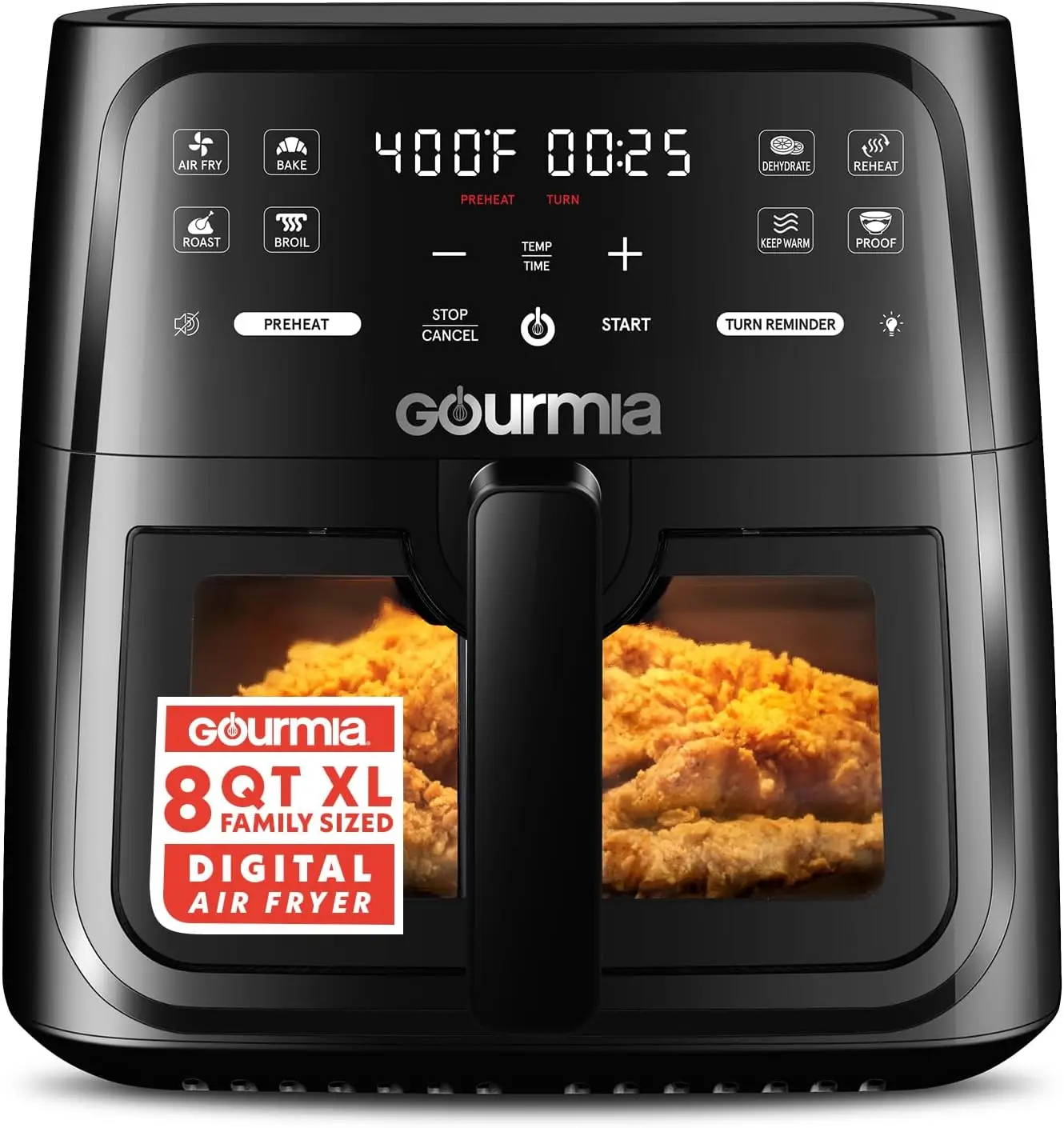 

Gourmia 8 Qt Air Fryer, 8 Presets with Digital Display, FryForce 360° Technology, Easy View Window & Interior Light, Dishwasher