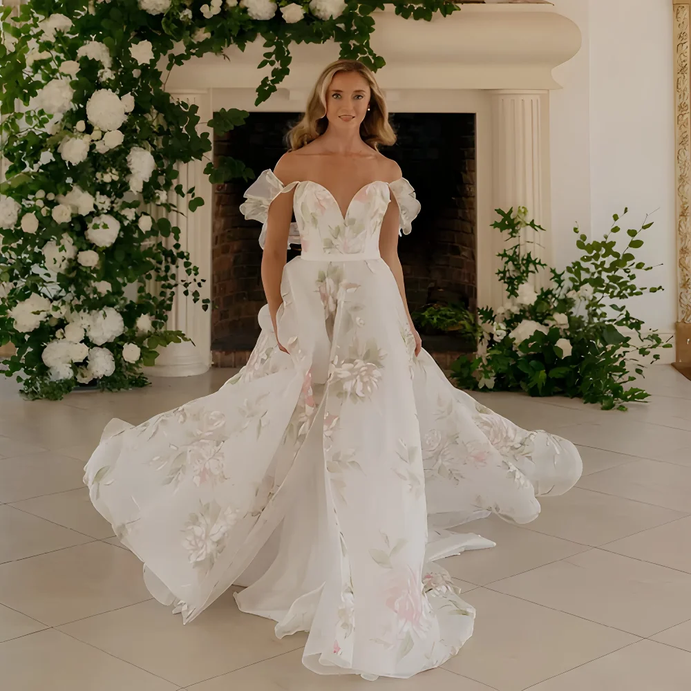 

ESBRIDE Wedding Ball Gown Spaghetti Strap Floral Printing A-Line Wedding Dresses Sweetheart Sleeveless Ruffles Bridal Gowns