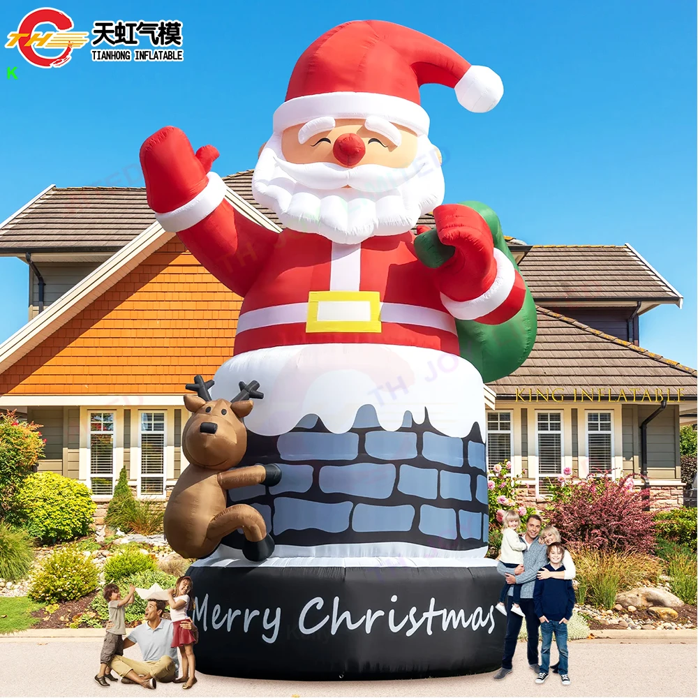 20ft Christmas Inflatable Santa Claus ตกแต่งกลางแจ้งสีเขียวของขวัญกระเป๋า Chimney เทศกาล Bodyguard