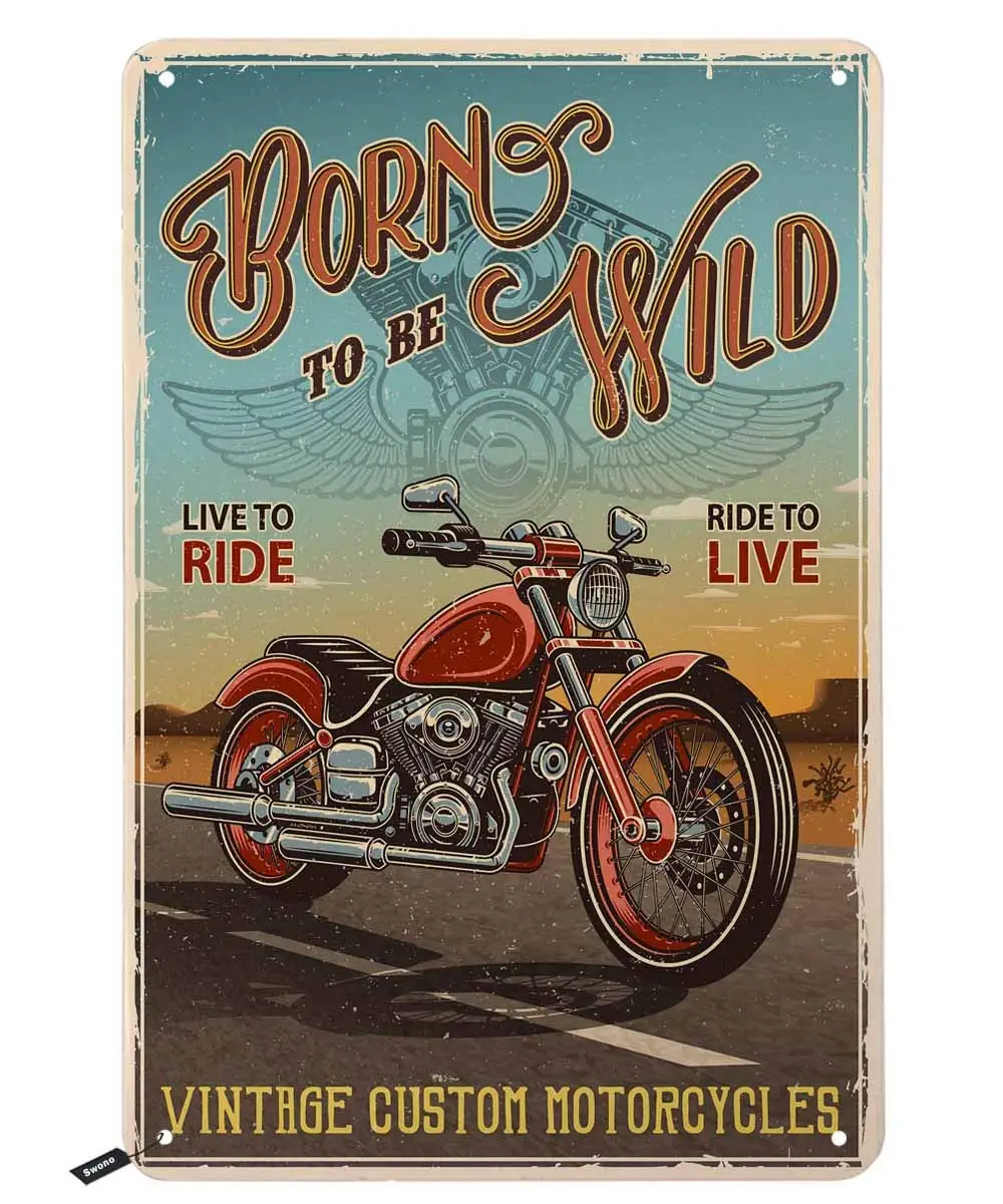 Swono Born To Be Wild Tin Signs,V Custom Red Motorcycles Ride on Road Vintage Metal Tin Sign For Men Women,Wall Decor for Bars,R