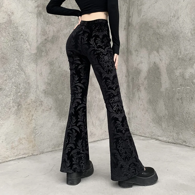 Calças de perna larga góticas escuras femininas 2024 sexy camurça preta em relevo longo magro legging goth indie grande flor impresso bottoms